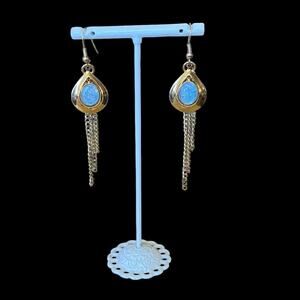 Vintage Dangle Earring Faux White Opal Gold Fringe